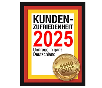 Auszeichnung "Kundenzufriedenheit 2025" mit der Bewertung "Sehr Gut" für eine Umfrage in ganz Deutschland, dargestellt als gerahmtes Zertifikat mit goldenem Siegel.