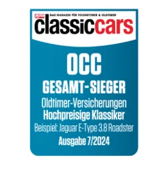 Das Logo der Zeitschrift "classic cars" mit dem Hinweis auf eine OCC Gesamt-Sieger-Auszeichnung für Oldtimer-Versicherungen hochpreisiger Klassiker, Ausgabe 7/2024.