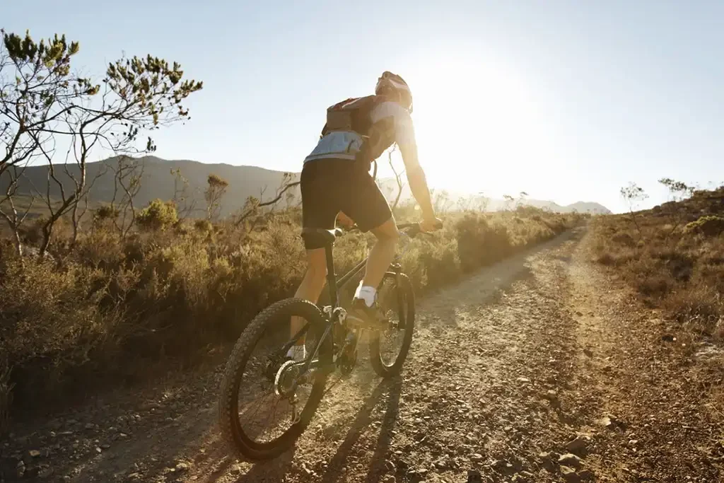 Ein Mountainbiker fährt bei Sonnenuntergang auf einem Schotterweg durch eine hügelige Landschaft mit Büschen und Bäumen.