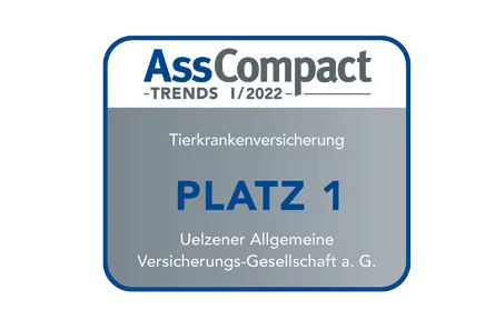Auszeichnung "AssCompact TRENDS 1/2022" zeigt Platz 1 für Uelzener Allgemeine Versicherungs-Gesellschaft a.G. in der Kategorie Tierkrankenversicherung.