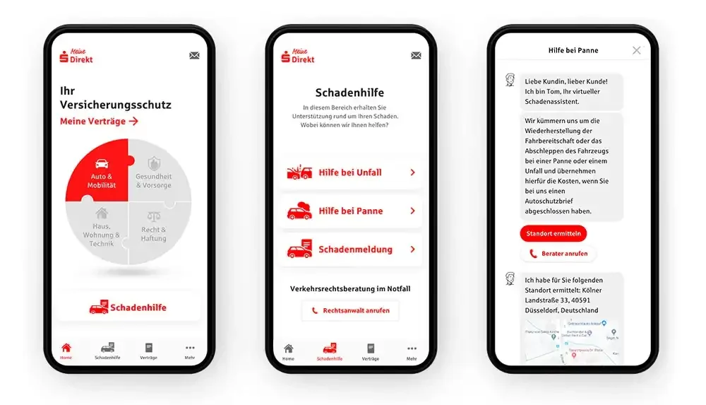 "Drei Smartphone-Screens der S-Direkt App zeigen Versicherungsschutz-Übersicht, Schadenhilfe-Menü mit Unfall- und Pannenoptionen sowie einen Chat mit Hilfe bei einer Panne.