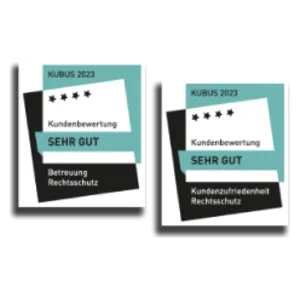 zwei auszeichnungen "kursus 2023" mit vier sternen und der kundenbewertung "sehr gut" für beratung rechtsschutz und kundenzufriedenheit rechtsschutz.