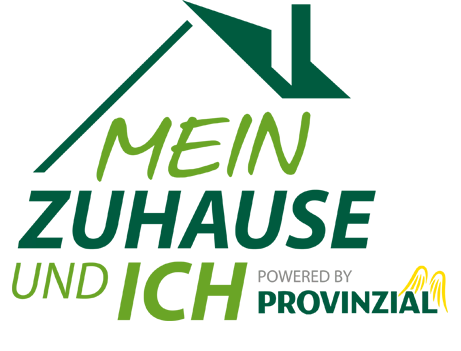 Logo "Mein Zuhause und ich" mit stilisiertem grünem Hausdach, grüner und dunkelgrüner Schrift, powered by Provinzial mit gelbem Akzent.