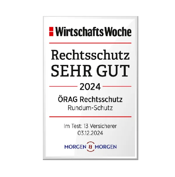 Auszeichnung der WirtschaftsWoche für ÖRAG Rechtsschutz mit der Bewertung "Sehr Gut" im Bereich Rundum-Schutz, getestet am 03.12.2024 durch MORGEN & MORGEN.