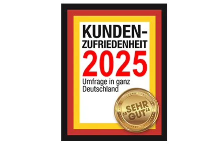 Auszeichnung "Kundenzufriedenheit 2025" mit der Bewertung "Sehr gut" für eine Umfrage in ganz Deutschland, dargestellt als gerahmtes Zertifikat mit goldenem Siegel.