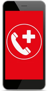 Smartphone mit rotem Bildschirm zeigt ein weißes Symbol eines Telefonhörers mit Pluszeichen in einem Kreis, das eine Notruf- oder medizinische Hotline-Funktion darstellt.